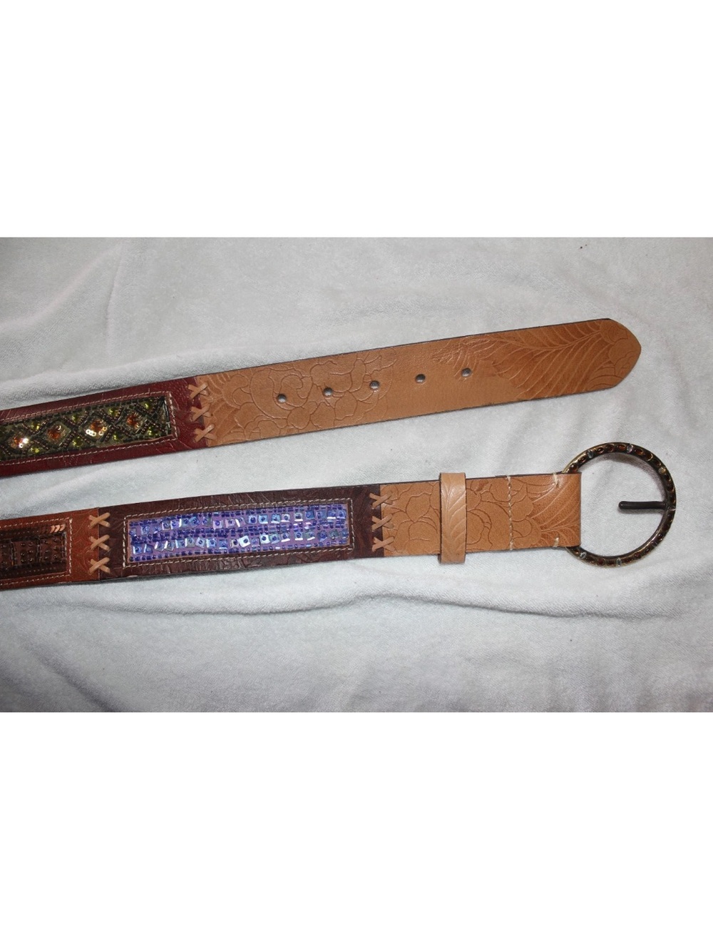 Chico's Tan Genuine Leather Belt with Sequin and Multicolor Beading M/L